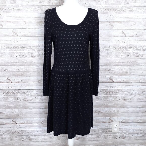 Kensie Knit Dress L Black Gray Polka Dots 631A - Picture 1 of 3